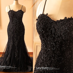 ELI / Black Wedding Dress with Thin Straps and Long Train, Plus Size Black Wedding Dress, Gothic Wedding Dress, Black Bridal Gown with Spark