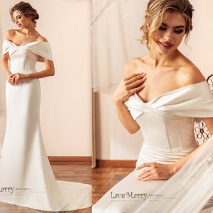 MINA / Off Shoulder Satin Wedding Dress, Plain Fitted Wedding Dress, Simple Wedding Dress, Strapless Minimalist Wedding Dress, Bridal Gown