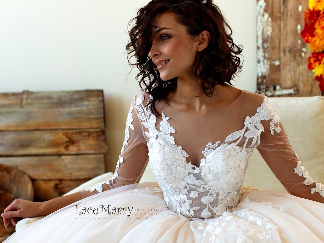Princess Lace Wedding Dress With Sheer Long Sleeves and Illusion
