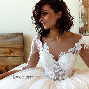 Princess Lace Wedding Dress With Sheer Long Sleeves and Illusion Neckline Lace Sleeves Wedding Dress Lace Wedding Dress With Puffy Skirt Etsy