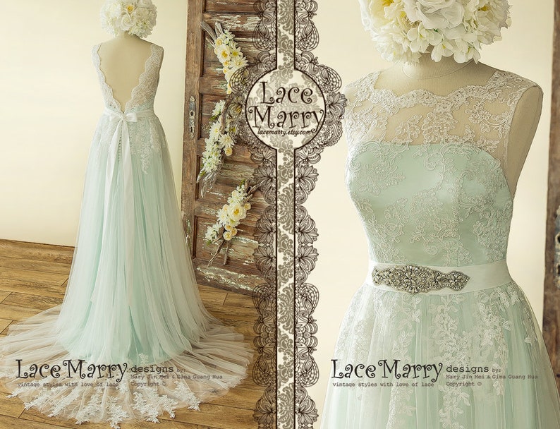 Romantic Mint Wedding Dress From Ivory Lace Airy Tulle and Etsy