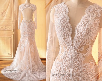 May include: A white lace wedding dress with a plunging neckline and a sheer back. The dress has long sleeves and a fitted silhouette.