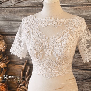JERICA / Short Sleeve Lace Crop Top with Sparkling Appliques, Bridal Lace Topper, Wedding Lace Crop Top, Bridal Bolero, Bridal Separates Lace Top + Bustier