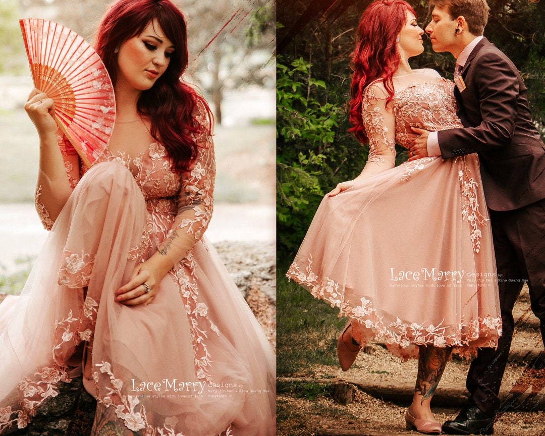 Blush tea length wedding dress outlet