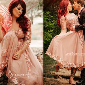 JENESSA Tea Length Blush Wedding Dress with Long Sleeves Short Blush Wedding Dress with Lace Sleeves Custom Made Short Wedding Dress