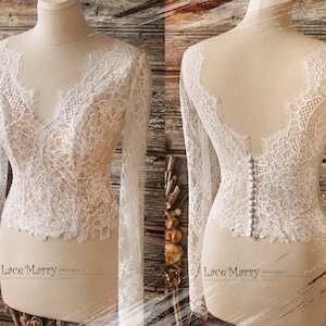MALOU #1 / V Neckline Bridal Bolero with Long Sleeves, Lace Crop Top, Wedding Dress Separate, Custom Lace Crop Top, Wedding Bolero