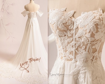 CORLANA / Lacy Train Chiffon Wedding Dress: Floral Applique, Off-Shoulder