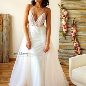 V-Neck Ivory Wedding Dress, Lace Applique Bodice, Sheer Back image 9
