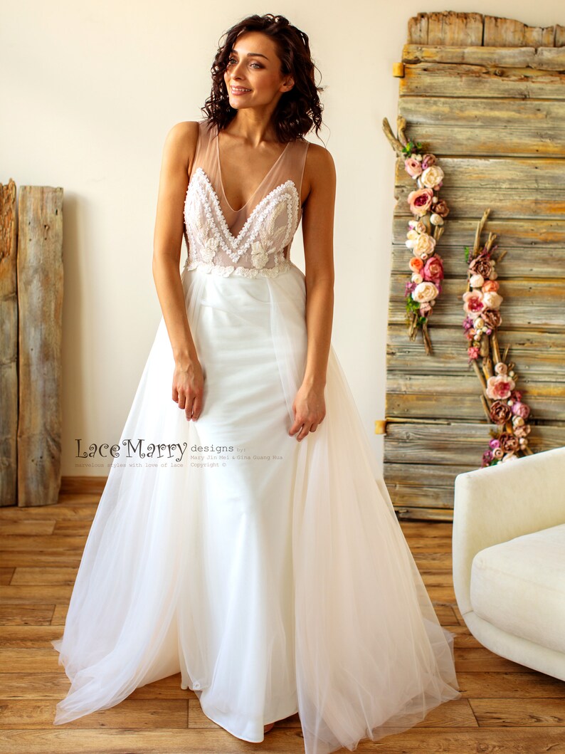 V-Neck Ivory Wedding Dress, Lace Applique Bodice, Sheer Back image 9