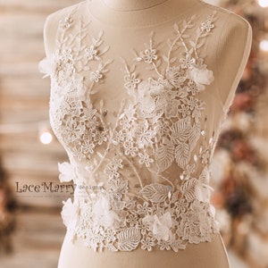 Two Piece Wedding Dress Set from Lightly Beaded Transparent Crop Top with 3D Flower Applique and Ample High Low Skirt in Folded Modern Cut Only Lace Top