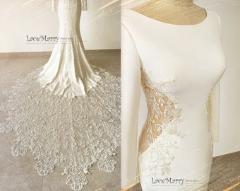 LAINEY / Magnificent Lace Train Wedding Dress with Scoop Neckline and Long Sleeves, Plain Wedding Dress with Lace Train, Minimalist Gown
