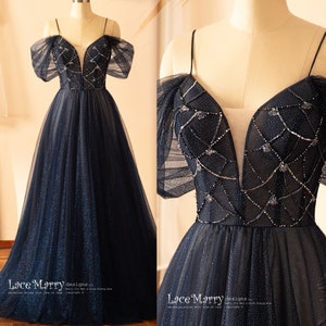ZARIA / A Line Sparkling Navy Blue Wedding Dress with Deep Plunge Neckline, Off Shoulder Wedding Dress, Colored Wedding Dress, Bridal Gown