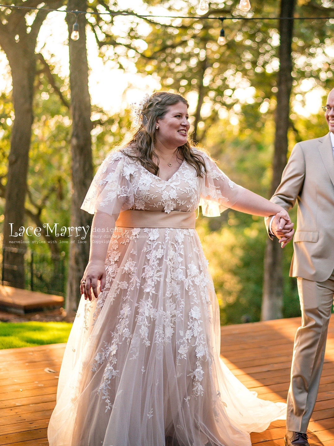 Boho Wedding Dress With Flutter Sleeves and Champagne Gold Underlay, Lace Boho Wedding Dress