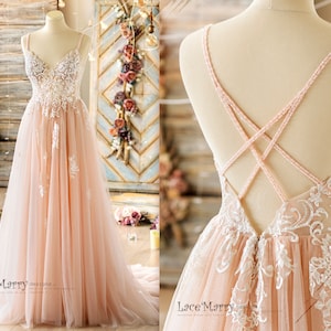 MEDEA / Sparkling Blush Wedding Dress with Cross Straps, Colored Wedding Dress, Prom Dress, Glitter Wedding Dress, Colored Reception Dress