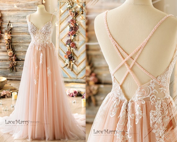 MEDEA Sparkling Blush Wedding Dress With Cross Straps Colored Wedding Dress Prom Dress Glitter Wedding Dress Colored Reception Dress Etsy Canada