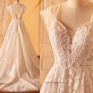 MARPESIA / Vestido de novia con espalda en V, falda en forma de A y preciosos apliques de flores, vestido de novia de encaje, vestido de novia boho, hecho a medida