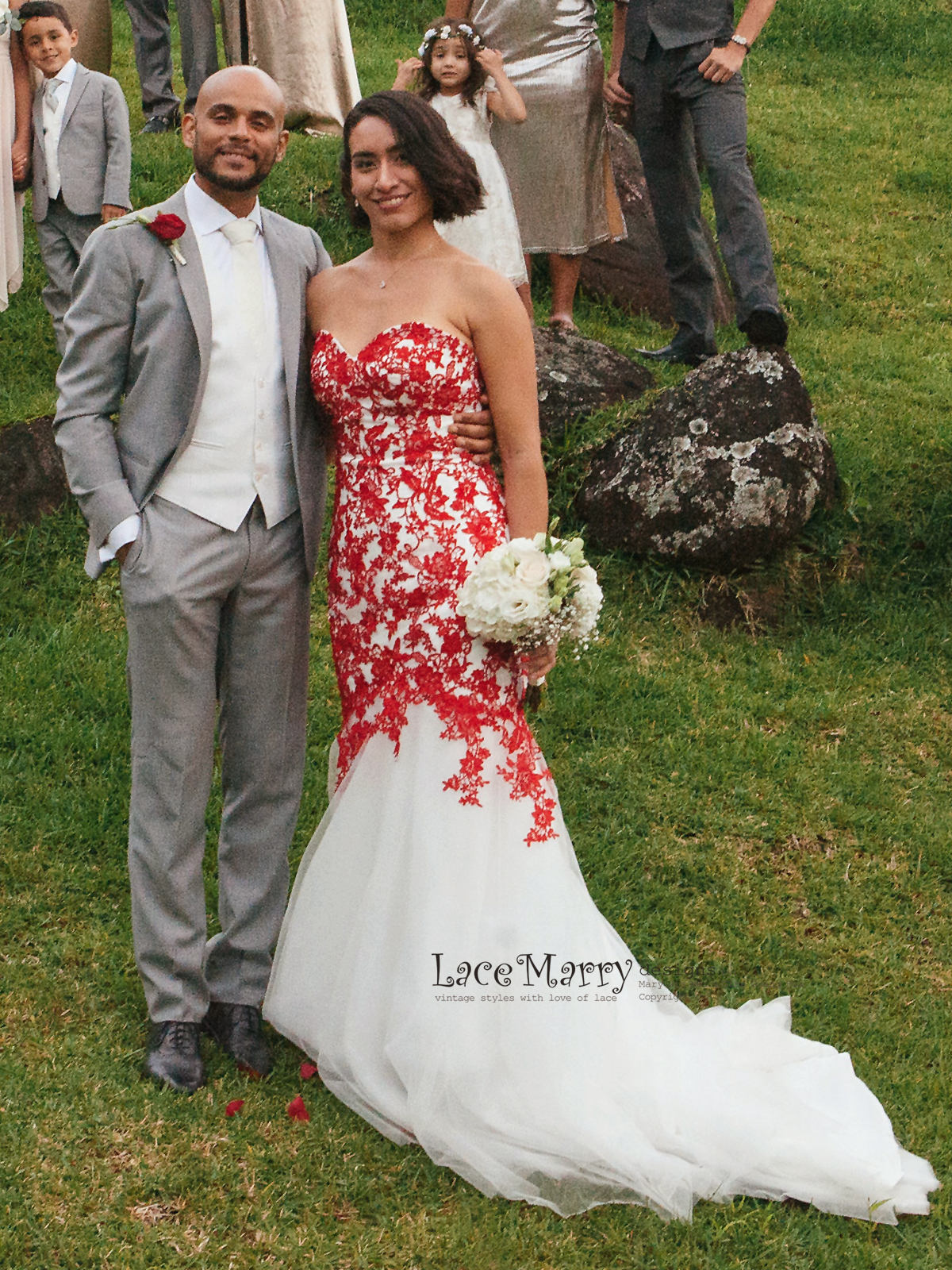 white and red mermaid wedding dress Red Lace Wedding Dress, Ivory Tulle Mermaid Gown