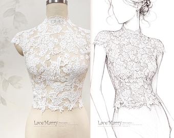 HARRIET / Couture Bridal Lace Topper with Mock Neck and Small Sleeves