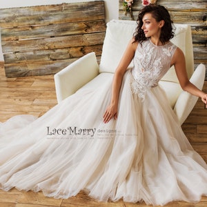 Unique Lace Wedding Dress with Flowers and Birds Beaded Embroidery, Illusion Neckline, Sheer Back and Folded A-Line Tulle Skirt with Train