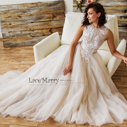 Unique Lace Wedding Dress With Flowers 