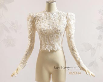 XIMENA / Intricate Sparkling Bridal Topper with Long Sleeves and High Neck