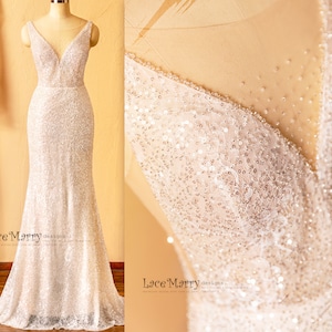 ZURI / Elegant Sparkling Wedding Dress with Illusion Neckline and Deep V Back, Glitter Wedding Dress with Lace Detail, Beach Wedding Dress