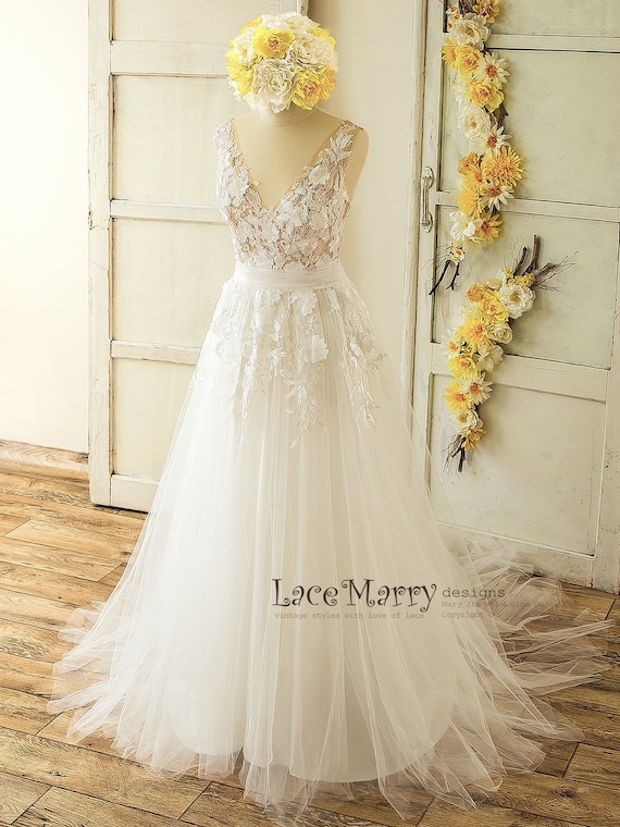 Sheer lace best sale top wedding dress
