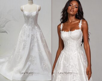 VANORA / Cat Eye Neckline Wedding Dress with Satin Base and Floral Applique Decoration