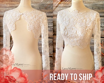 INDIE / Long Sleeves Macrame Lace Bolero with Single Button Closure, Bridal Lace Topper, Bridal Crop Top, Lace Bolero with Sleeves