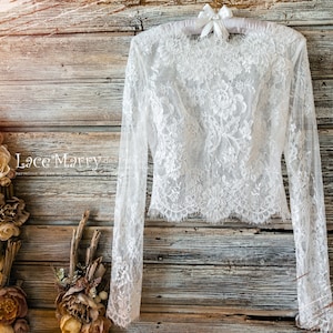MAGNOLIA #2 / Amazing Lace Bolero with Long Sleeves, High Collar Bridal Lace Topper, Lace Crop Top with Separate Bustier, Bridal Bustier