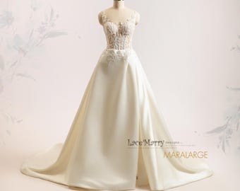 MARALARGE / Ivory Lace Corset Wedding Dress: A-Line Satin Skirt with Slit