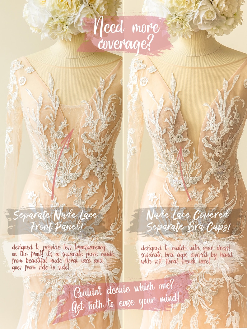 May include: Two bridal lace options for a wedding dress. The left side shows a nude lace front panel designed to provide less transparency. The right side shows nude lace covered separate bra cups designed to match your dress. The text reads "Need more coverage? Separate Nude Lace Front Panel! Designed to provide less transparency on the front! It's a separate piece made from beautiful nude floral lace and goes from side to side! Nude Lace Covered Separate Bra Cups! Designed to match your dress! Separate bra cups covered by hand with soft floral French lace! Couldn't decide which one? Get both to ease your mind!"
