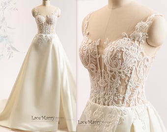 MARALARGE / Lace Corset Wedding Dress: Ivory Satin A-Line Skirt, Deep V-Back