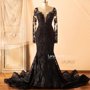 LAURILLE / Off-Shoulder Black Lace Wedding Dress | Long Sleeve Gothic Bridal Gown for Dark-themed Wedding Party