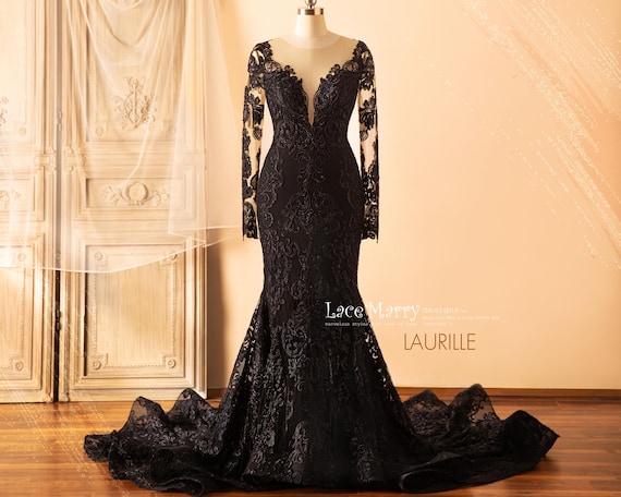 blue dress for baby girl Black floral gothic wedding dress, black flower tulle lace dress, alte –  classygown main image 0