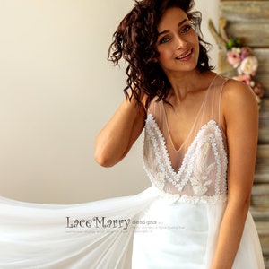 V-Neck Ivory Wedding Dress, Lace Applique Bodice, Sheer Back image 8