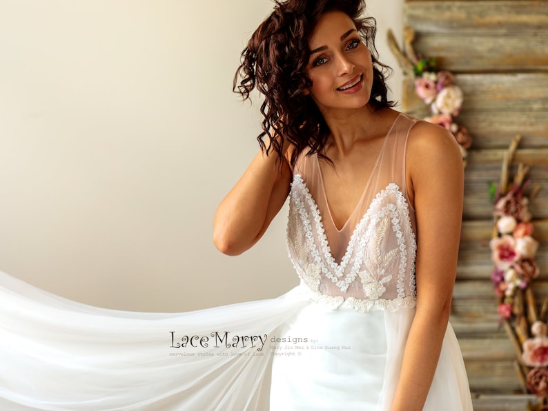 V-Neck Ivory Wedding Dress, Lace Applique Bodice, Sheer Back image 8