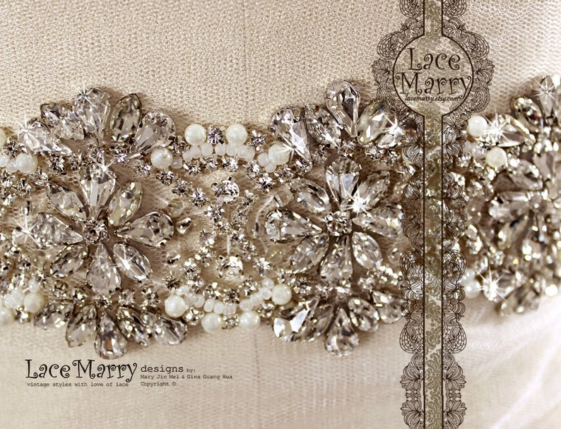 Waterlily Luxurious Handmade Rhinestone and Imitation Pearl Beaded Floral Pattern Belt on the Ribbon Vintage Inspired Bridal Beadwork Sash image 1