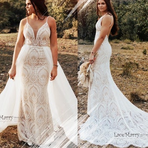 KAILEY / Lace Boho Wedding Dress with Deep V Neckline and Thin Straps, Boho Wedding Dress with Removable Over Skirt, Custom Wedding Dress