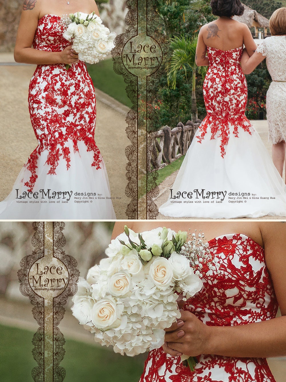 Red Lace Wedding Dress With Ivory Tulle ...