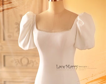 MADIA / Vestido de novia sencillo con escote modesto y espalda abierta sexy, mangas abullonadas, vestido de novia de corte entallado y acampanado con cola