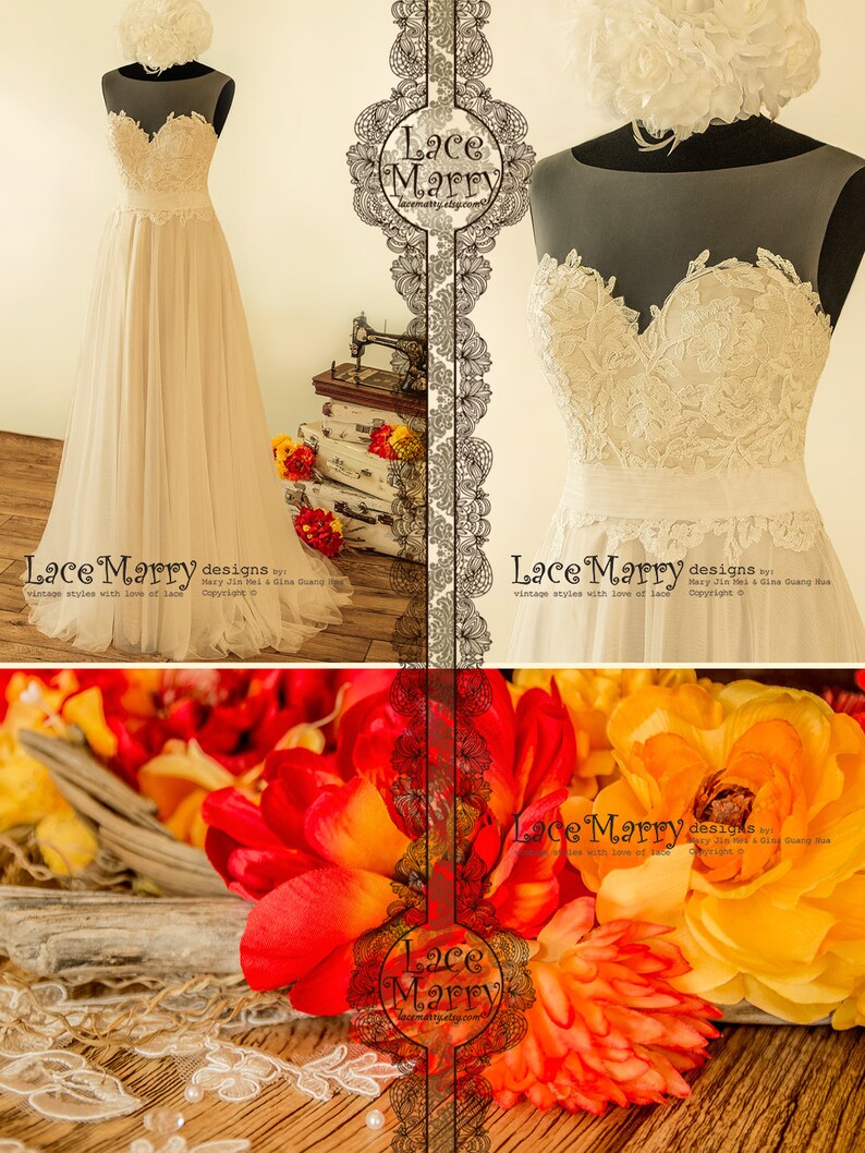 A Line Beach Wedding Dress with Sheer Neckline with Grey Gold Underlay Boho Wedding Dress, A Line Wedding Dress, Summer Wedding Dress image 10