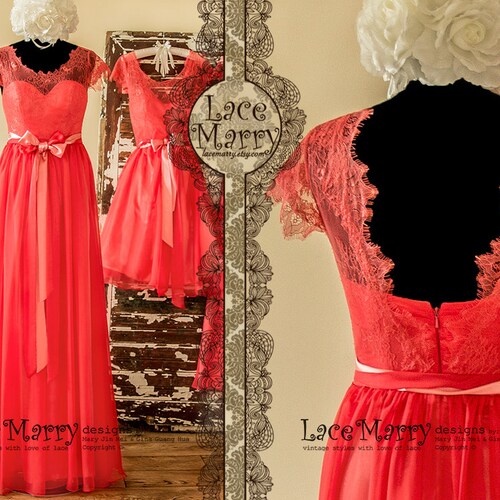 Bright Coral Bridesmaid Dress in Chantilly Lace and Silk Etsy