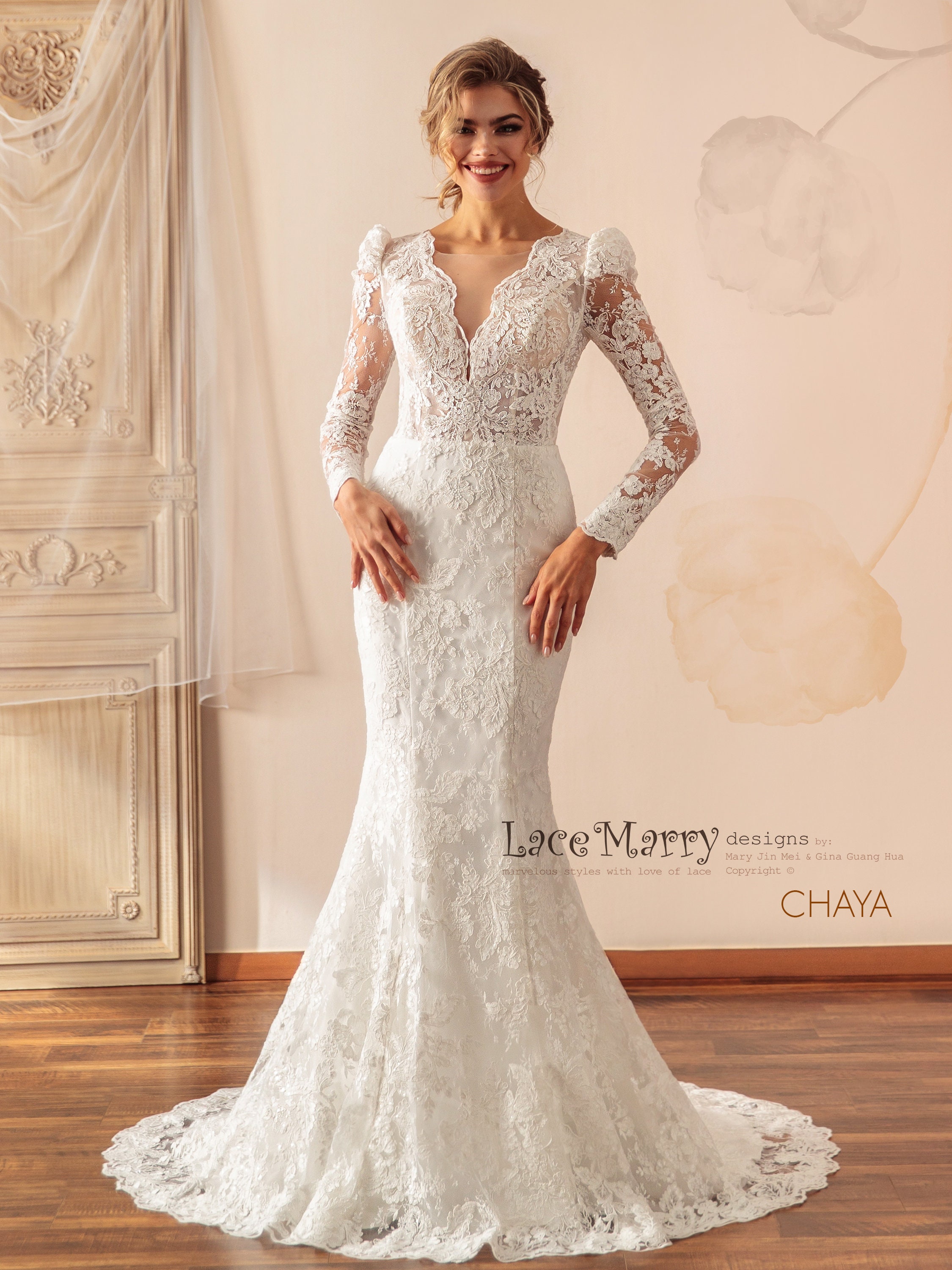 CHAYA / Lace Wedding Dress with Long Sleeves and Plunge Neckline, Fitted Lace Wedding Gown with Long Puff Shoulder Sleeves