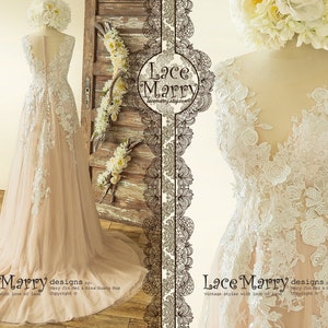 Boho Blush Wedding Dress, Ivory Lace 3D Flower Appliqués, Tulle Skirt