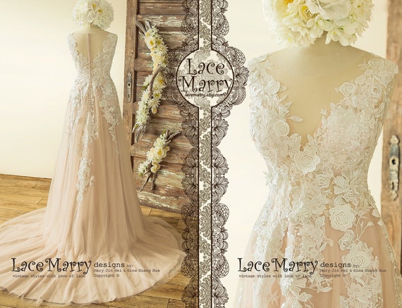 Boho Blush Wedding Dress, Ivory Lace 3D Flower Appliqués, Tulle Skirt