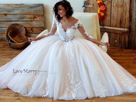 Princess Lace Wedding Dress With Sheer Long Sleeves And Etsy