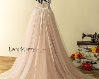pink champagne wedding dresses Long Sleeve Sheer Tulle Lace Wedding Dress