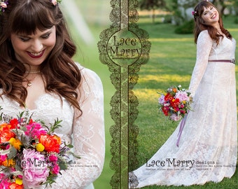 Delicate Lace Bohemian Wedding Dress | Long Sleeve A-Line, Plus Size