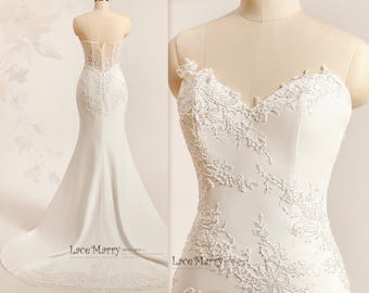 MANUELLA / Ivory Fitted Wedding Dress: Sweetheart Neckline, Lace Embellished Train